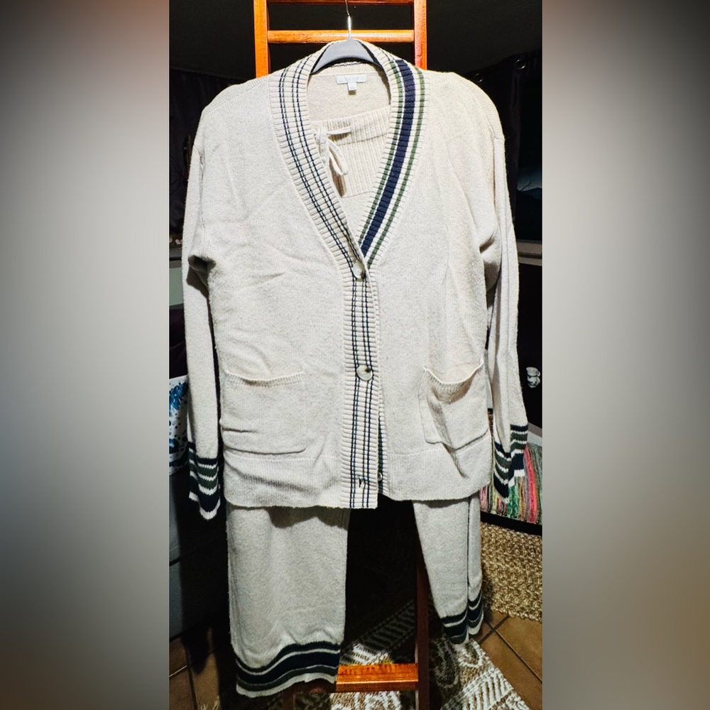 Cream  Cashmere Cardigan and Pants Set with Striped Trim